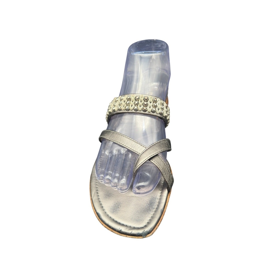 Manolo Blahnik Metallic Pewter Leather Studded Flat Sandals Italy Sz 39.5 US 9.5 - Picture 2 of 9